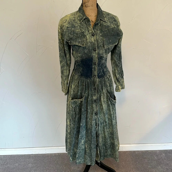 Acid Wash Cowgirl Boho Prairie Cinched Waist Full Skirt Dress EVC - Picture 2 of 8